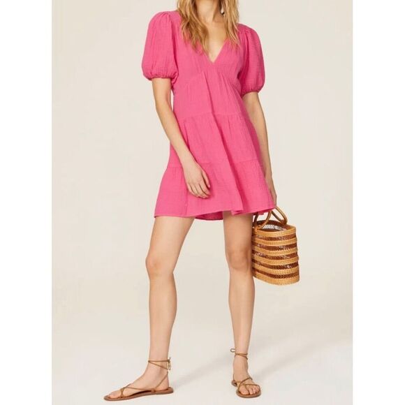 XiRENA Dresses & Skirts - Xirena Nissa Pink Cotton Gauze Tiered Mini Dress V Neck Open Tie Back Large